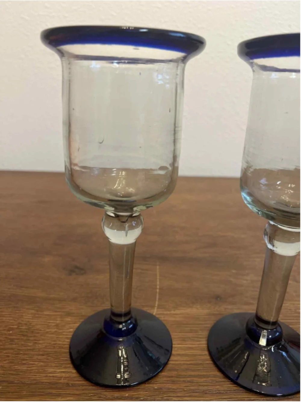 Pair of Mexican Hand Blown Glass Goblets Cobalt Blue Rim & Base Wine Glasses